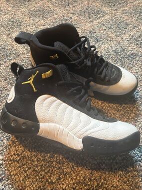 Jordan Kids Black and White Sneakers with Gold Jumpman